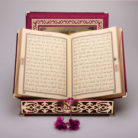 Kadife Kutulu Kur'an-ı Kerim (Bordo, Gold Süsleme)