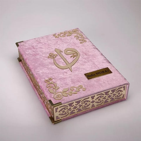 Kadife Kutulu Kur'an-ı Kerim (Pembe, Gold Süsleme)