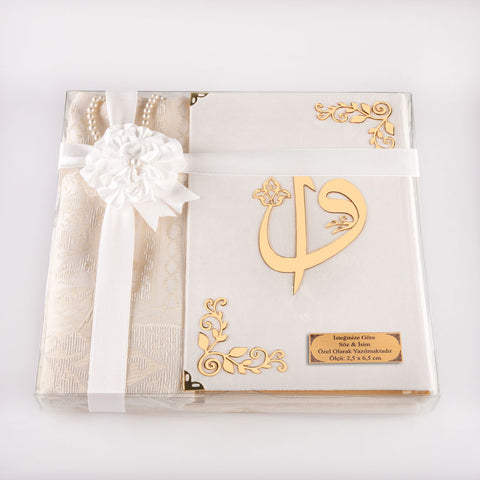 Asetat Kutulu Beyaz Kadife Kuran-ı Kerim + Seccade