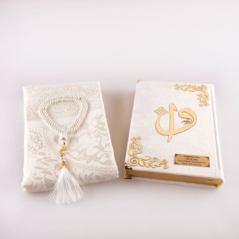 Asetat Kutulu Beyaz Kadife Kuran-ı Kerim + Seccade