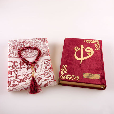 Asetat Kutulu Bordo Kadife Kuran-ı Kerim + Seccade