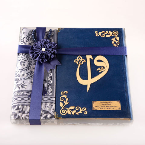 Asetat Kutulu Lacivert Kadife Kuran-ı Kerim + Seccade