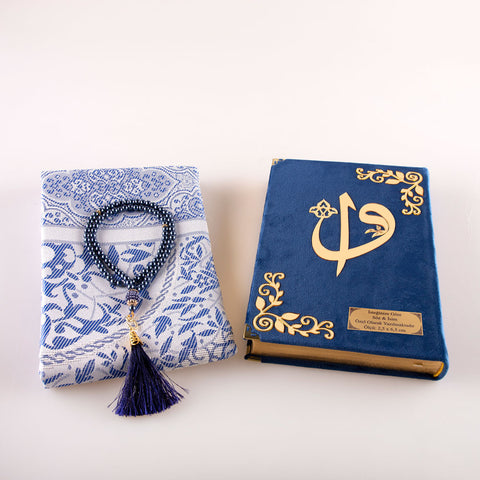 Asetat Kutulu Lacivert Kadife Kuran-ı Kerim + Seccade