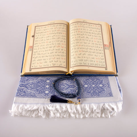Asetat Kutulu Lacivert Kadife Kuran-ı Kerim + Seccade