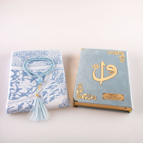 Asetat Kutulu Bebe Mavi Kadife Kuran-ı Kerim + Seccade