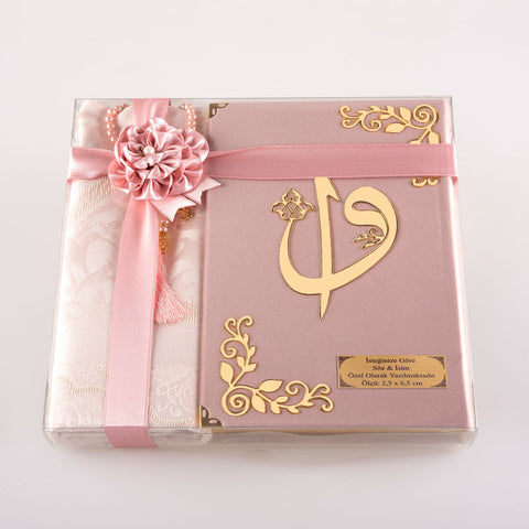 Asetat Kutulu Pembe Kadife Kuran-ı Kerim + Seccade