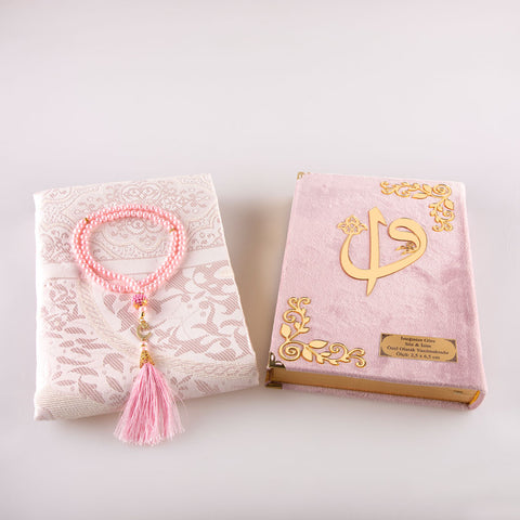 Asetat Kutulu Pembe Kadife Kuran-ı Kerim + Seccade