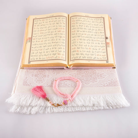 Asetat Kutulu Pembe Kadife Kuran-ı Kerim + Seccade