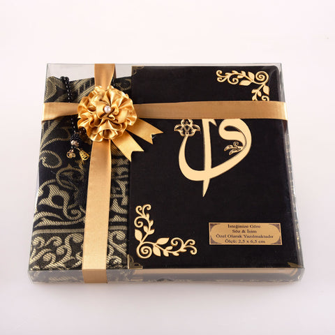 Asetat Kutulu Siyah Kadife Kuran-ı Kerim + Seccade