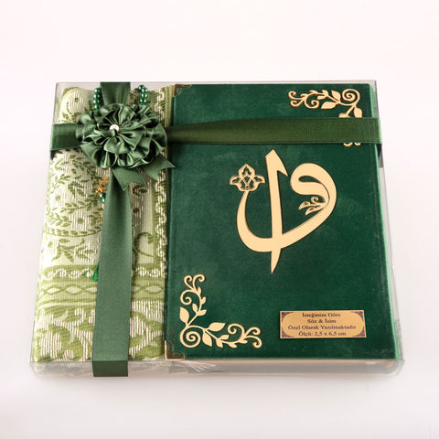 Asetat Kutulu Yeşil Kadife Kuran-ı Kerim + Seccade