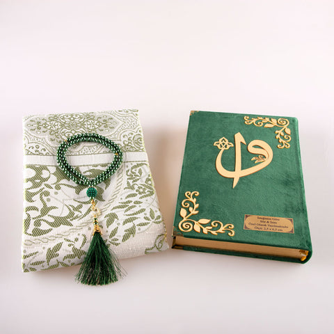 Asetat Kutulu Yeşil Kadife Kuran-ı Kerim + Seccade