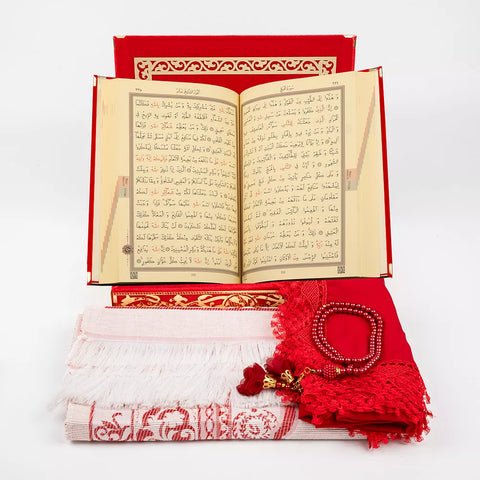 Kadife Kutulu Kur’an-ı Kerim + Seccade + Namaz Örtüsü + Tespih + Ayraç) Kırmızı