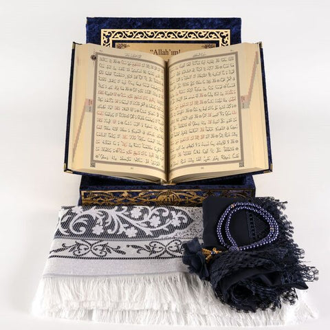 Kadife Kutulu Kur’an-ı Kerim + Seccade + Namaz Örtüsü + Tespih + Ayraç) Lacivert
