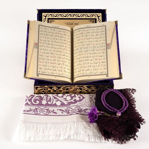 Kadife Kutulu Kuran-ı Kerim Seti Mor
