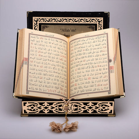 Kadife Kutulu Siyah Kur'an-ı Kerim + Namaz Örtüsü
