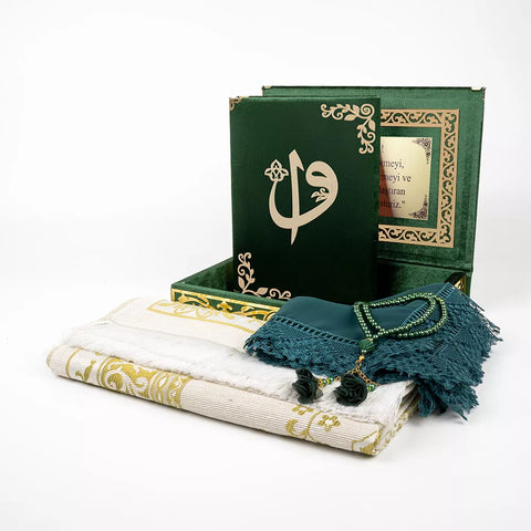 Kadife Kutulu Kur’an-ı Kerim + Seccade + Namaz Örtüsü + Tespih + Ayraç) Yeşil
