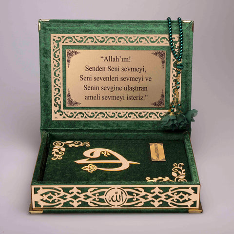 Kadife Kutulu Kur'an-ı Kerim (Yeşil, Gold Süsleme)