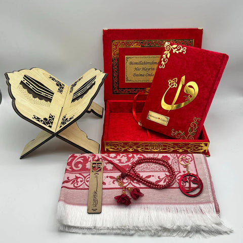 (Kadife Kutulu Kur’an-ı Kerim + Seccade + Rahle + Tespih + Ayraç) Kırmızı Set
