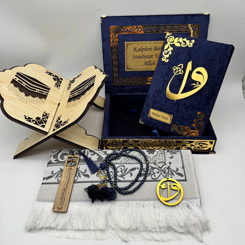 (Kadife Kutulu Kur’an-ı Kerim + Seccade + Rahle + Tespih + Ayraç) Lacivert Set